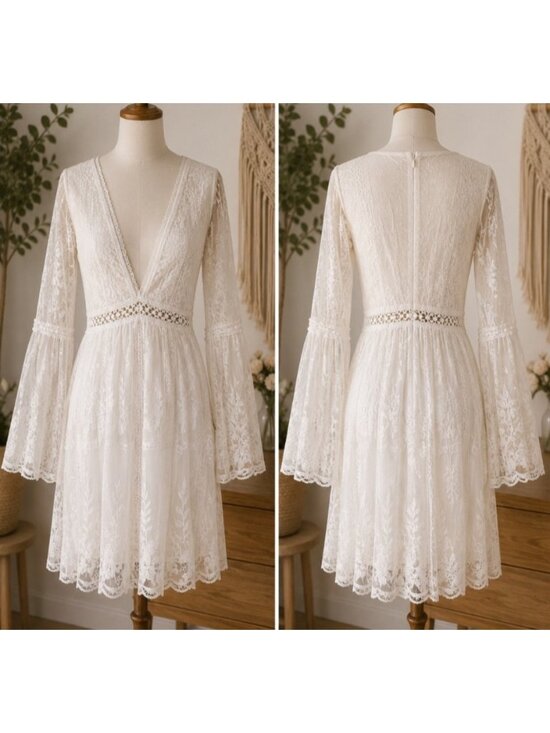 southern fried chics Dresses & Skirts - Southern Fried Chics Medium White Lace V-Neck Dress Bell Sleeves & Embroidered